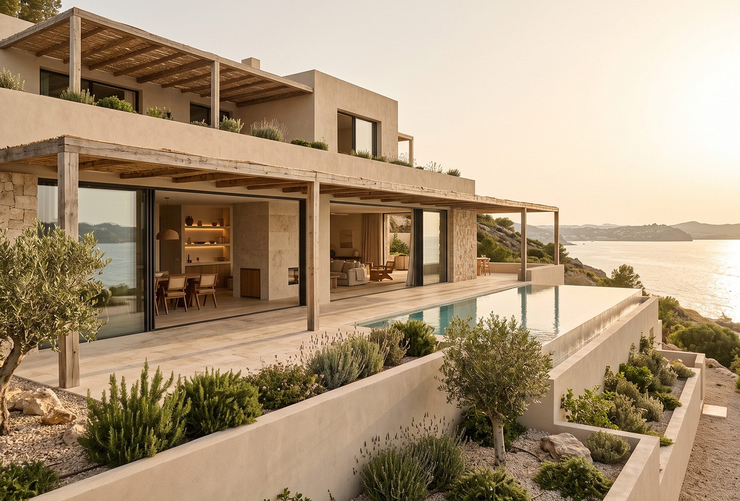 A Mediterranean house in pale render on the coast at dusk, with timber pergolas, an infinity pool and olive trees.