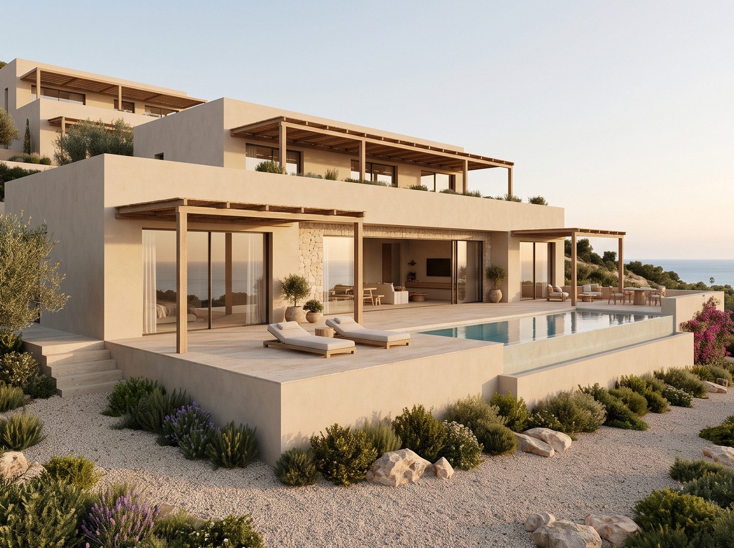 Casa Costa Brava: stepped terraces in pale stone with timber pergolas, an infinity pool and Mediterranean planting above the sea.