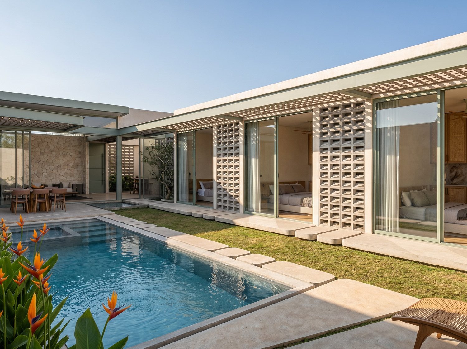 Casa Strelitzia: a courtyard with a swimming pool, a concrete lattice screen and tropical planting beneath flat roofs.
